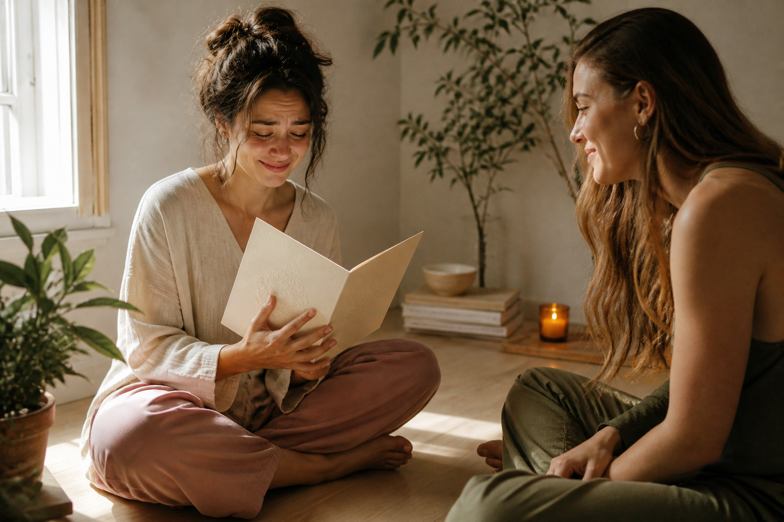 Two friends sharing a birthday card moment