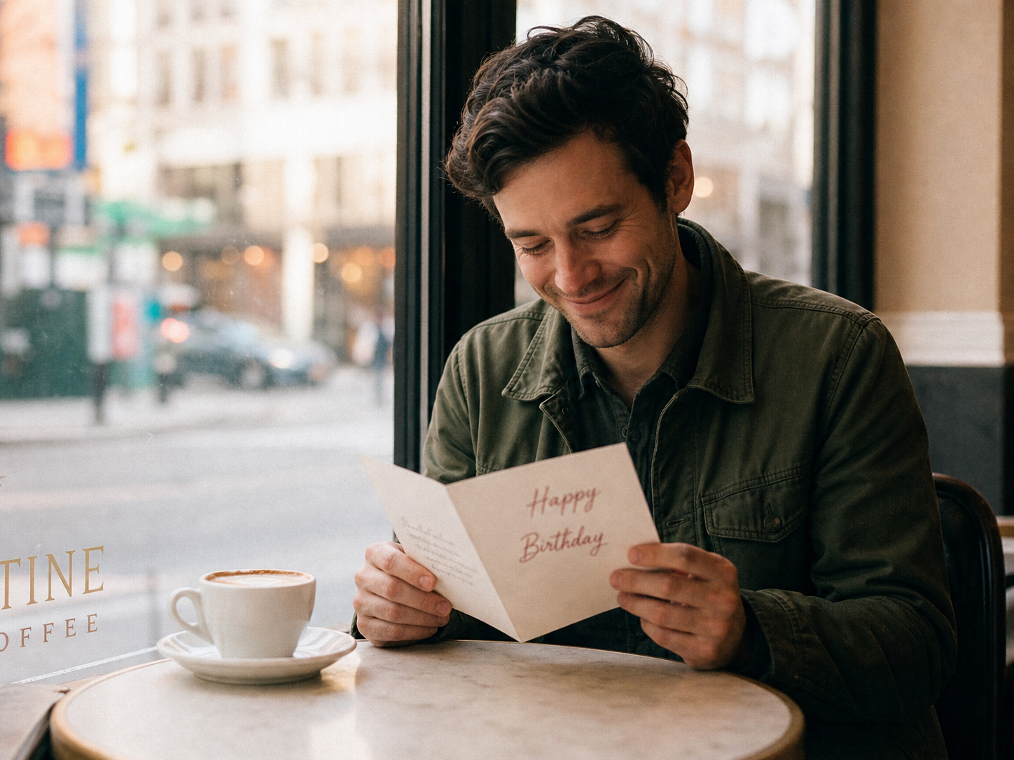 Man reading his Braille birthday card and smiling